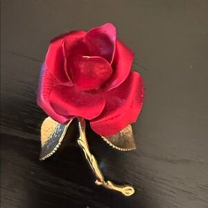 Vintage Satin Red Rose Flower Enamel Signed USA Gold Tone Brooch